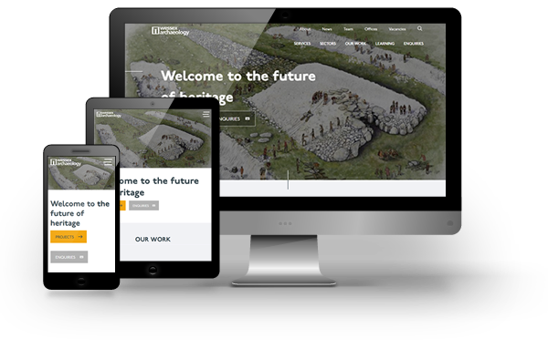 An image of the Wessex Archaeology website shown on a desktop PC, a tablet computer and a  mobile phone