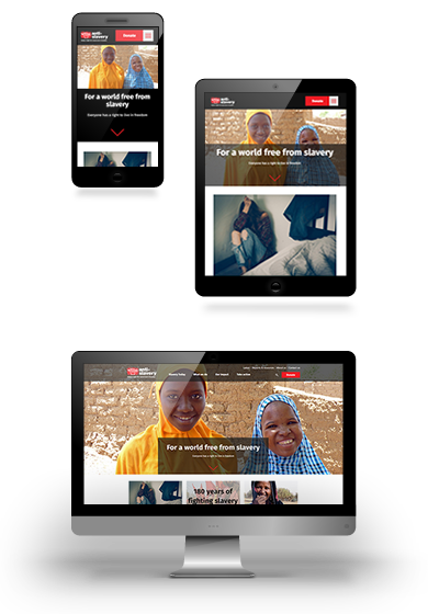 Screenshots of the Anti-Slavery International website shown on mobile, tablet and desktop devices