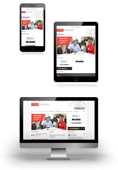 Screenshots of the Chartered Institute of Public Relations website show on mobile, tablet, and desktop devices