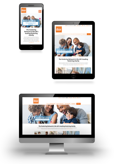 The Fostering Network website shown on mobile, tablet and desktop devices