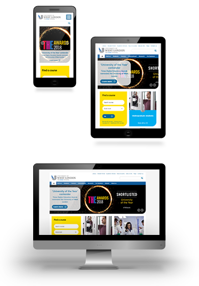 University of West London website shown on desktop, tablet and mobile devices
