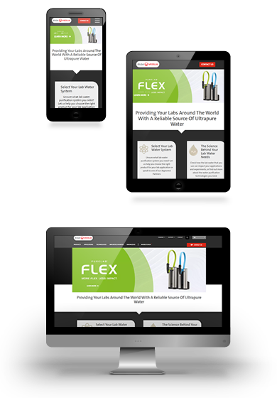 Screenshots of the ELGA LabWater website homepage shown on mobile, tablet and desktop devices
