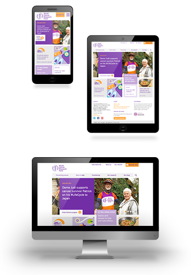 The World Cancer Research Fund website homepage shown on mobile, tablet, and desktop devices