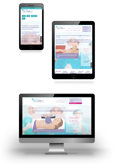 Screenshots of the Clinical Skills' website homepage shown on mobile, tablet and desktop devices