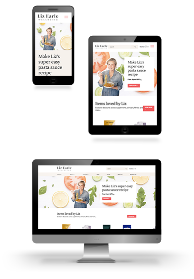 Screenshots of the Liz Earle Wellbeing website homepage shown on mobile, tablet and desktop devices